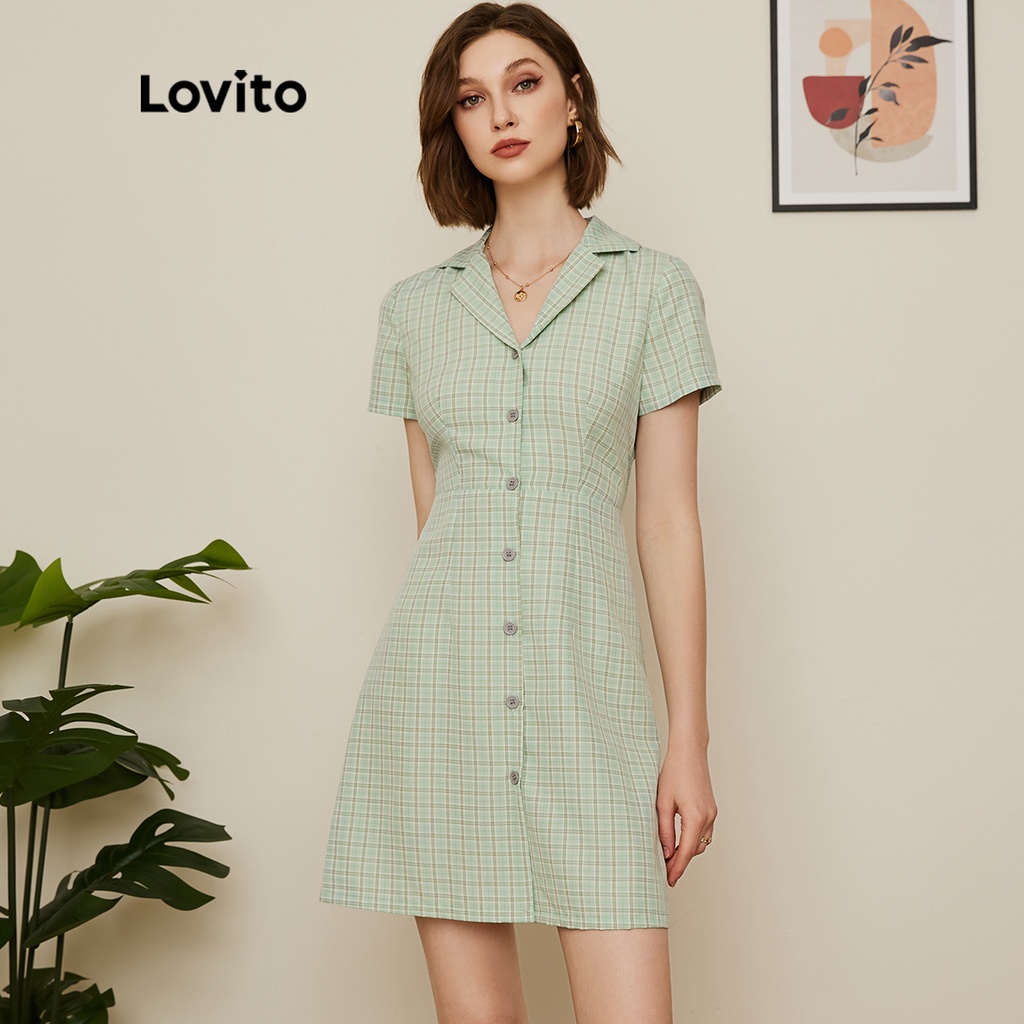 Đầm sơ mi Lovito có cổ họa tiết kẻ caro phong cách preppy L19D052 (xanh lá/hồng xám)