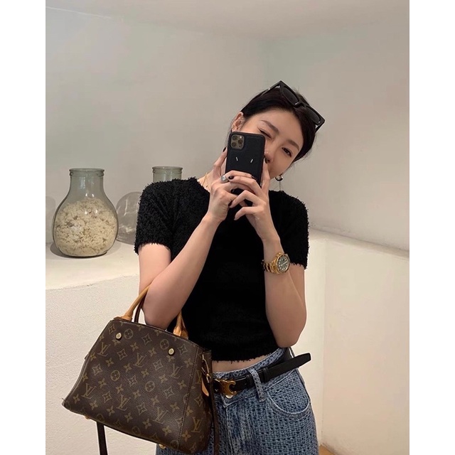 Áo croptop len lông cừu cổ tròn tay ngắn basic hàn quốc