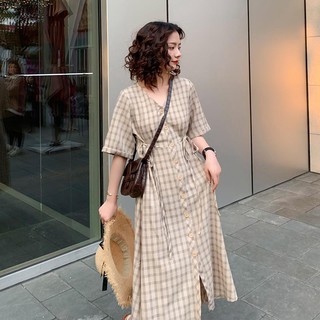 Plus size□♀♙Vintage plaid dress summer students ins small pure and fresh suitable for hip long boom of the whom thick