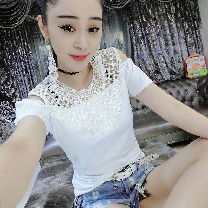 ☾☒Áo thun nữ ngắn tay cotton trơn màu 2021 thời trang mùa hè mới phiên bản Hàn Quốc của trễ vai cổ chữ V siêu mỏ