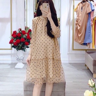 Váy bầu thu chấm bi chất voan sang trọng