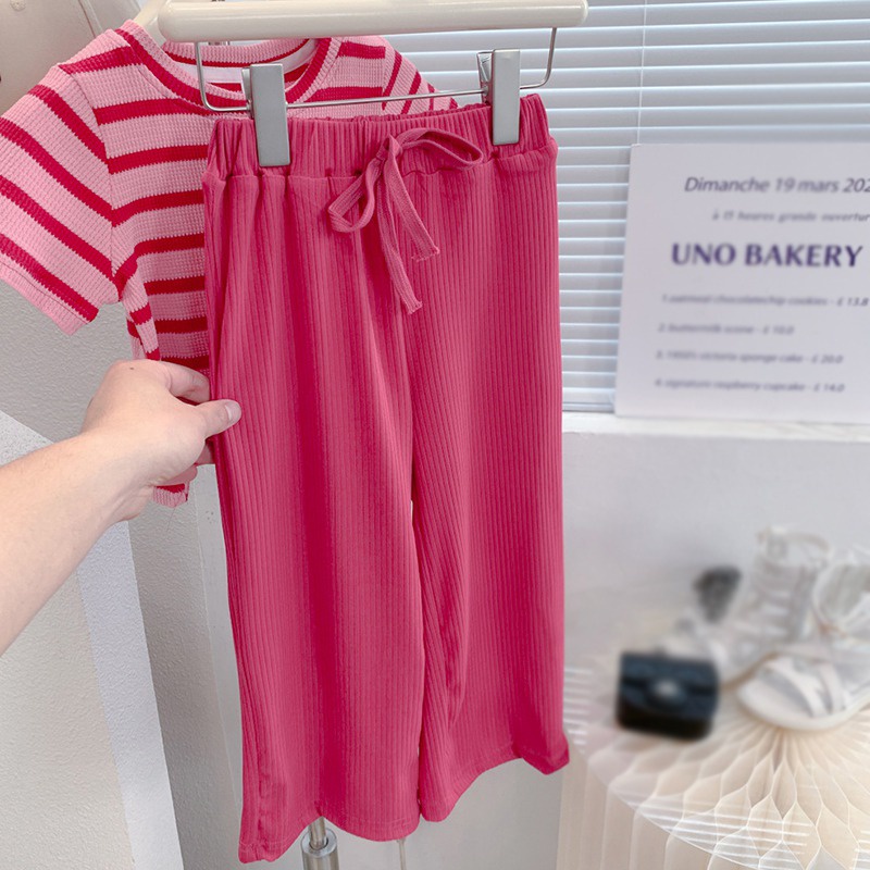 Set Áo Thun Tay Ngắn Kẻ Sọc Phối Quần Ống Rộng Thời Trang Hè Xinh Xắn Cho Bé Gái