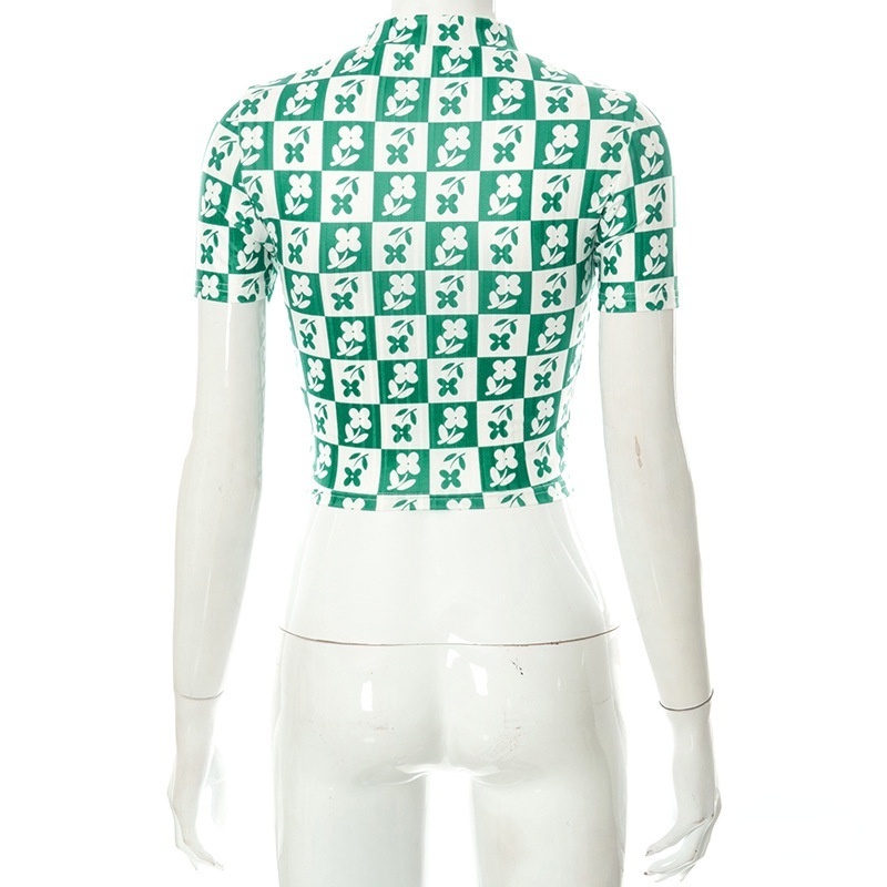 Áo Thun Croptop Cổ Tròn Họa Tiết Sọc Caro Phong Cách Đường Phố