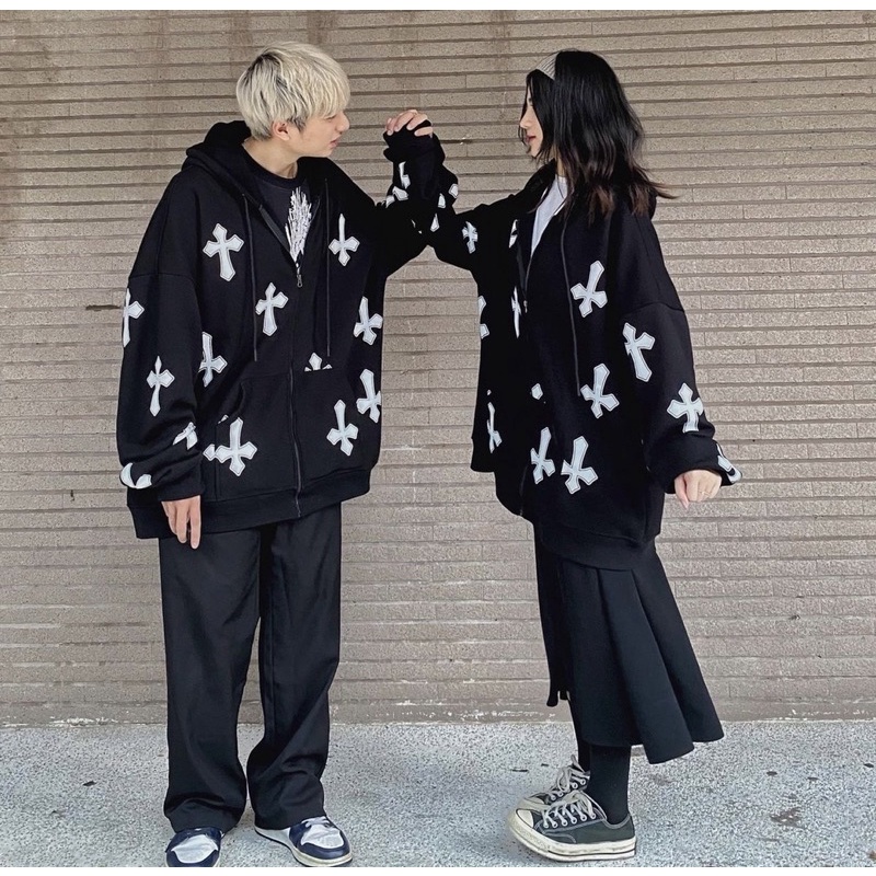 Áo khoác nỉ unisex Homies liền mũ có túi khoá kéo in hình CROSS
