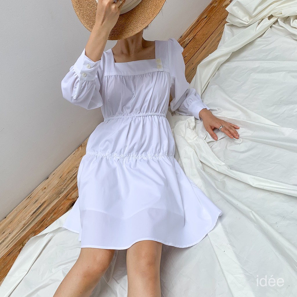 Đầm ngắn nữ idée nhún eo dáng xoè chữ A tay dài
