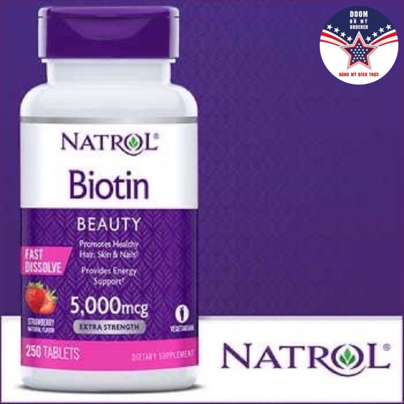 (Hàng Mỹ) Natrol Biotin Beauty 5000mcg (250 Viên) Viên Nhai Đẹp Da, Tóc và Móng