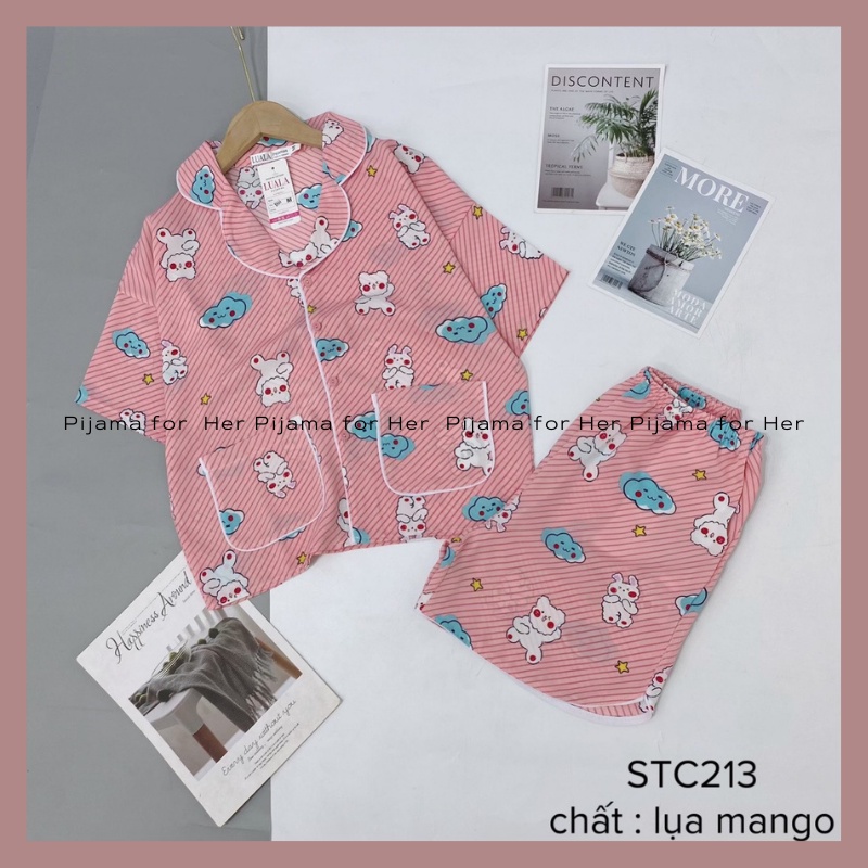 Đồ Bộ Pijama - Bộ Lụa Pizama Quần Sooc Đùi Họa Tiết Phối Dễ Thương