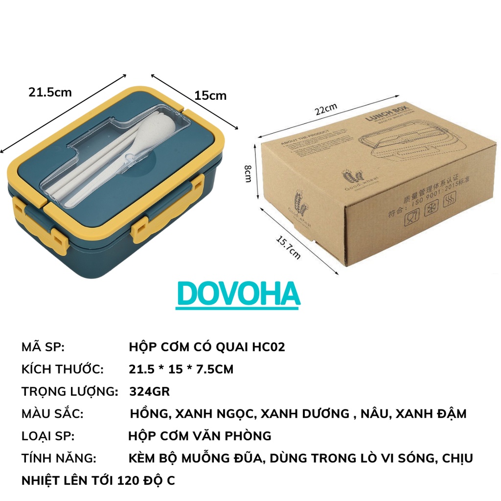 Hộp Cơm lúa mạch 3 ngăn giữ nhiệt có quai kèm muỗng đũa văn phòng cao cấp DOVOHA HC02