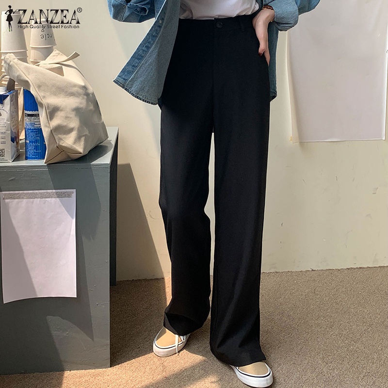 Quần dài ZANZEA ống rộng có túi phối khóa kéo phía trước thời trang cho nữ
