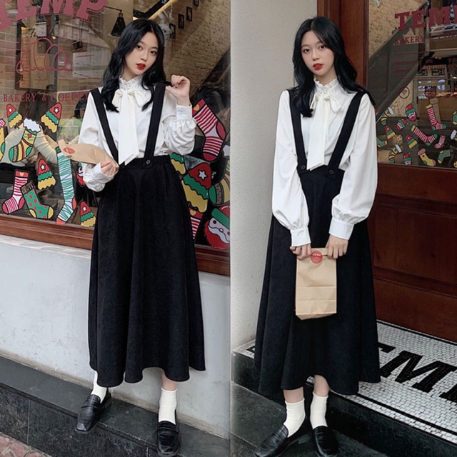 Bigsize M-4XL Set áo sơ mi + váy yếm dáng dài vintage thanh lịch