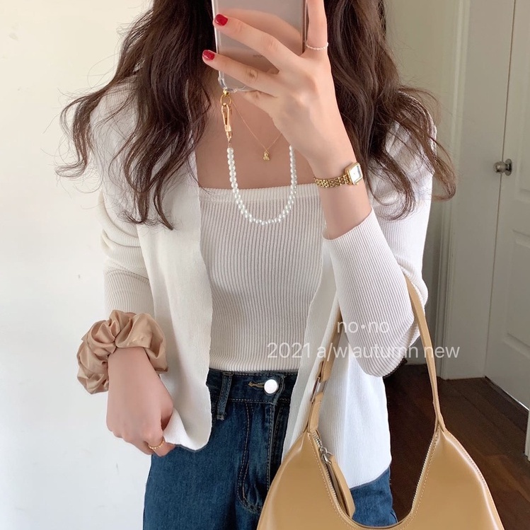 SUXI Set áo cardigan tay dài kẻ sọc và áo hai dây phong cách Hàn Quốc thời trang mùa thu