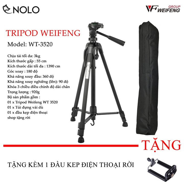 Tripod Máy Ảnh Điện Thoại Weifeng WT3520 Thân Hợp Kim Nhôm Magie Chịu Tải 3Kg Tặng Kèm Túi Và Đầu Kẹp Điện Thoại