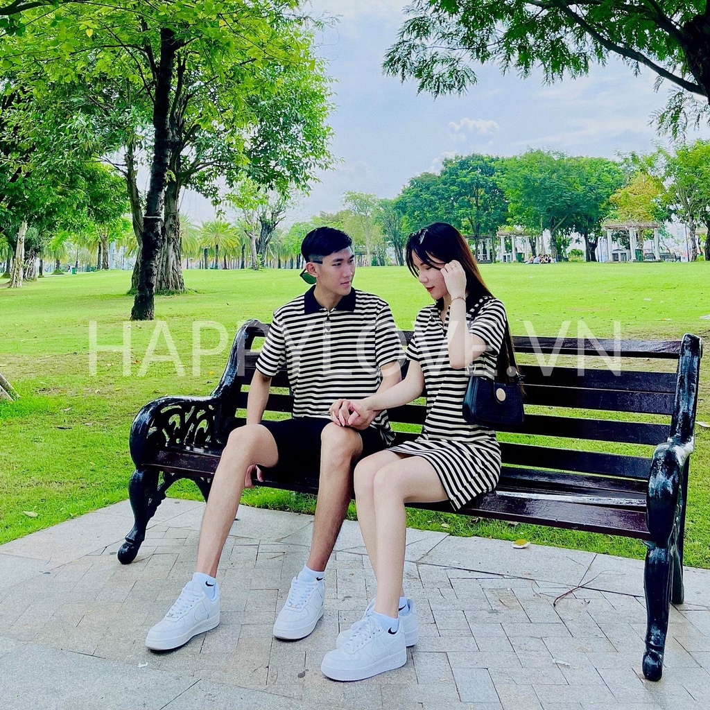 Đồ đôi nam nữ Set Couple Đầm nữ Áo nam kẻ sọc ngang hàng Quảng Châu cao cấp HAPPYLOVE, Set đồ đôi Áo nam Váy nữ mã H23