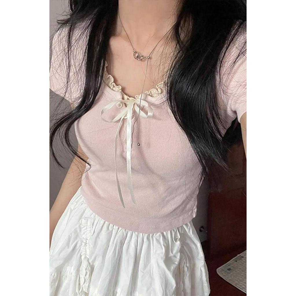 Áo Thun Tay Ngắn Màu Hồng Đính Nơ Thời Trang Cho Nữ 67516 67516