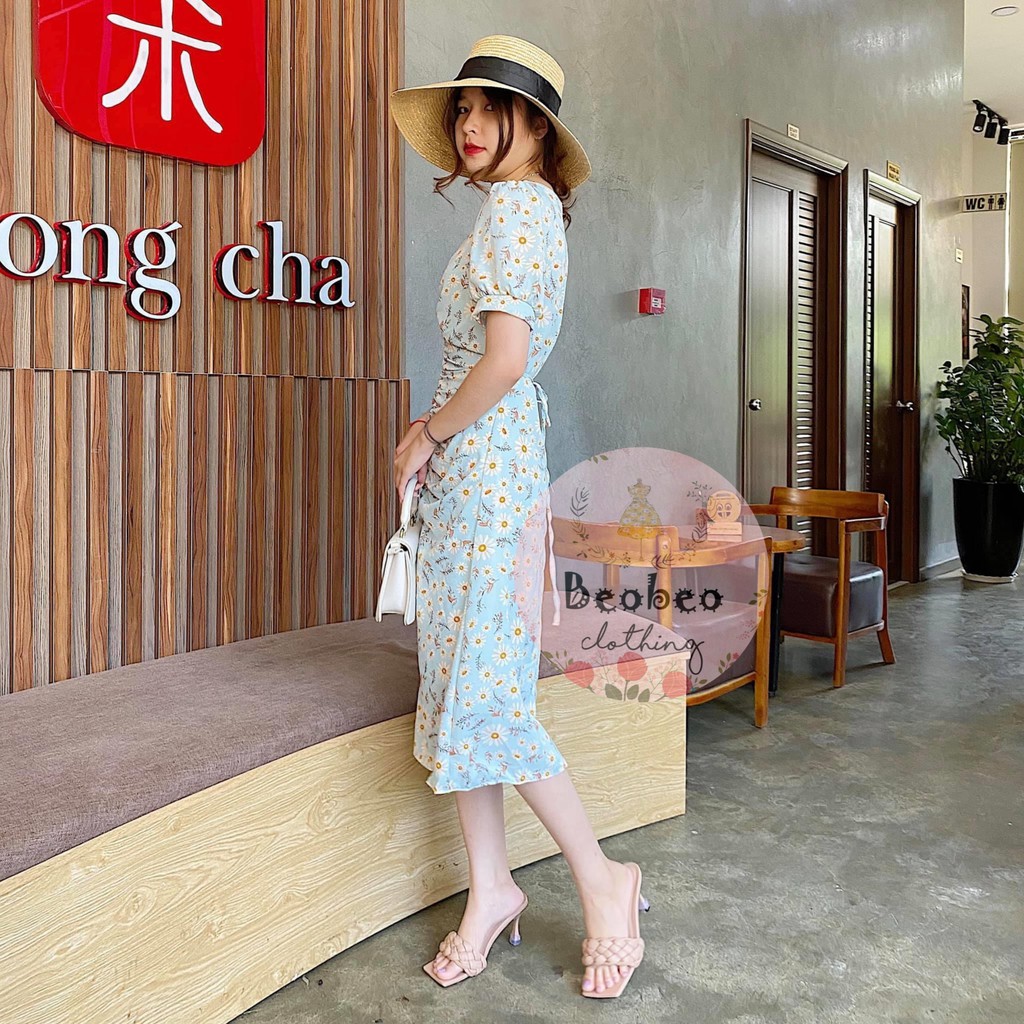 Đầm midi voan hoa cổ v nhúng thân thắt nơ vintage