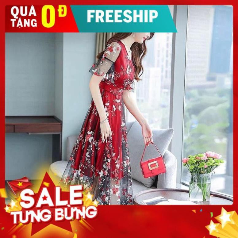 [ HOT ] ĐẦM XÒE NỮ PHỐI LƯỚI THÊU HOA TAY LOE CAO CẤP 3 MÀU ĐỎ XANH ĐEN ĐỦ SIZE - 80509