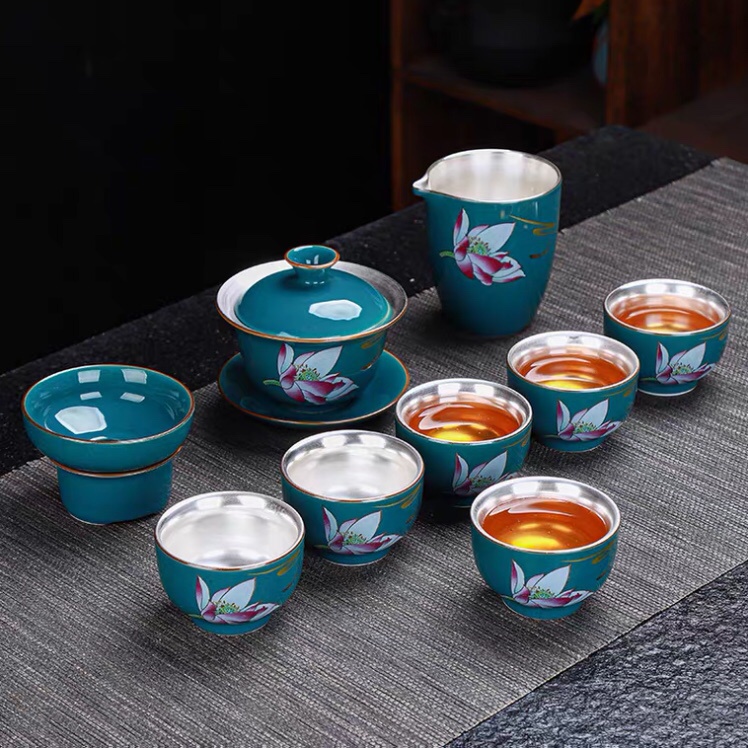Bộ bàn trà hoa sen màu xanh đậm, ấm chén trà đạo trang trọng, tách uống nước: 7.135