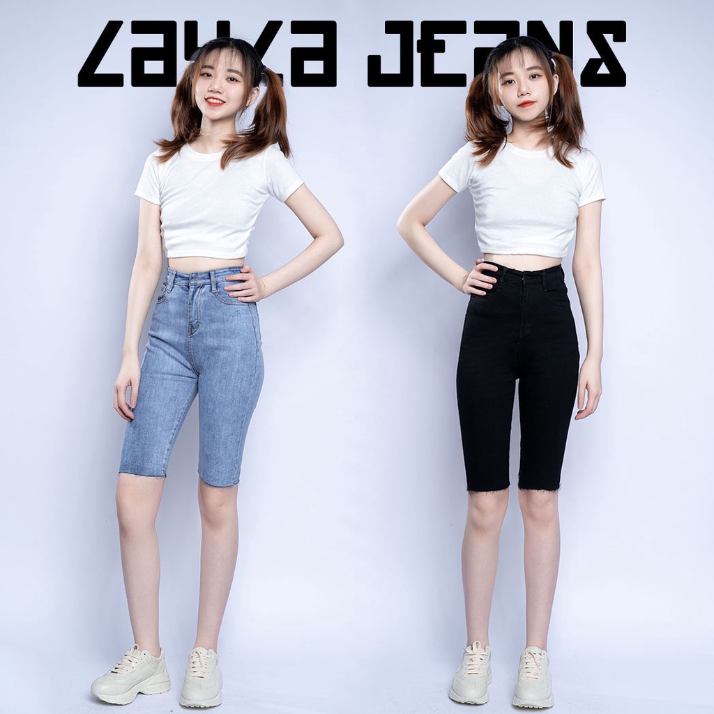 Quần Ngố Jean Tua Lai Trơn Layla Ver.070, Jean Lửng Lưng Cao Co Giãn Cá Tính