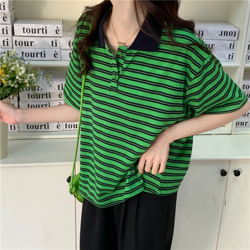 Áo thun SUXI ngắn tay dáng rộng họa tiết kẻ sọc màu tương phản phong cách Hàn Quốc thời trang mùa hè cho nữ