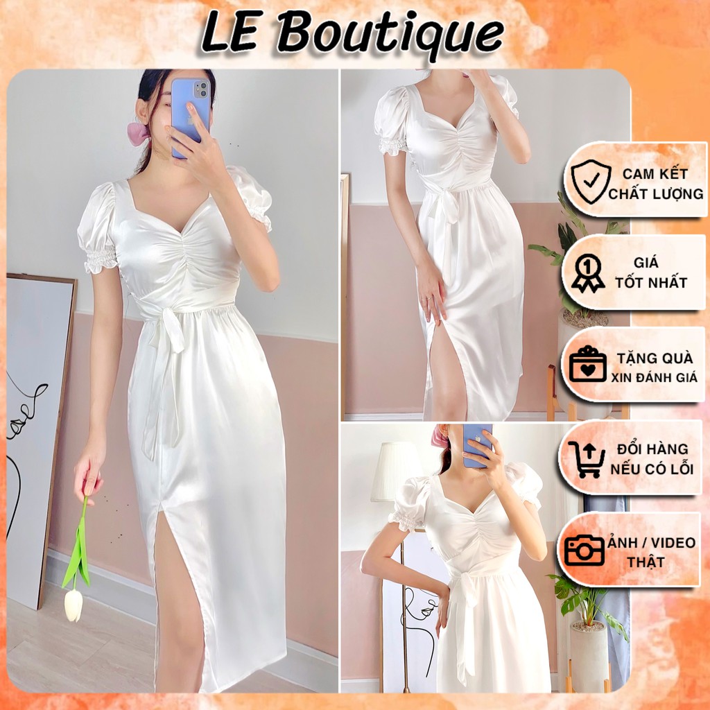 Đầm Lụa Tay nhúng Tiểu Thư Trắng cột eo, cổ tim, váy maxxi, sẻ đùi, đầm qua gối, đầm đẹp, giá rẻ, đầm xòe, tay lở, bo eo