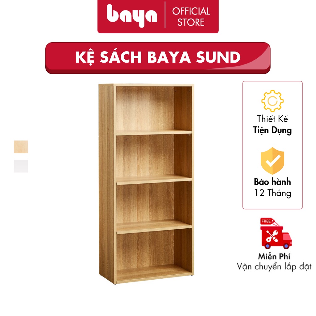 Tủ kệ sách đứng đa năng 4 tầng BAYA SUND chất liệu MFC màu gỗ và màu trắng kích thước D30xW60xH136 để sách khăn