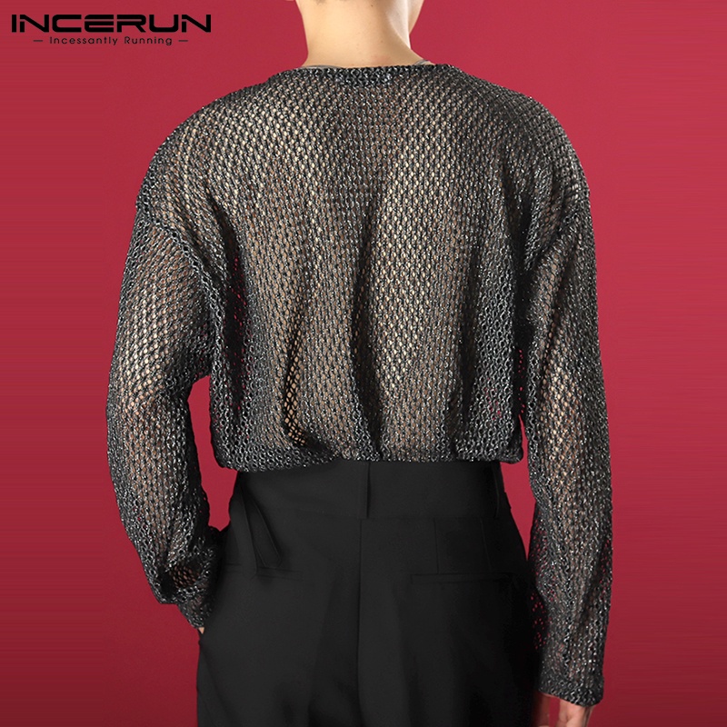Áo lưới INCERUN màu đen xuyên thấu tay dài thời trang cho nam