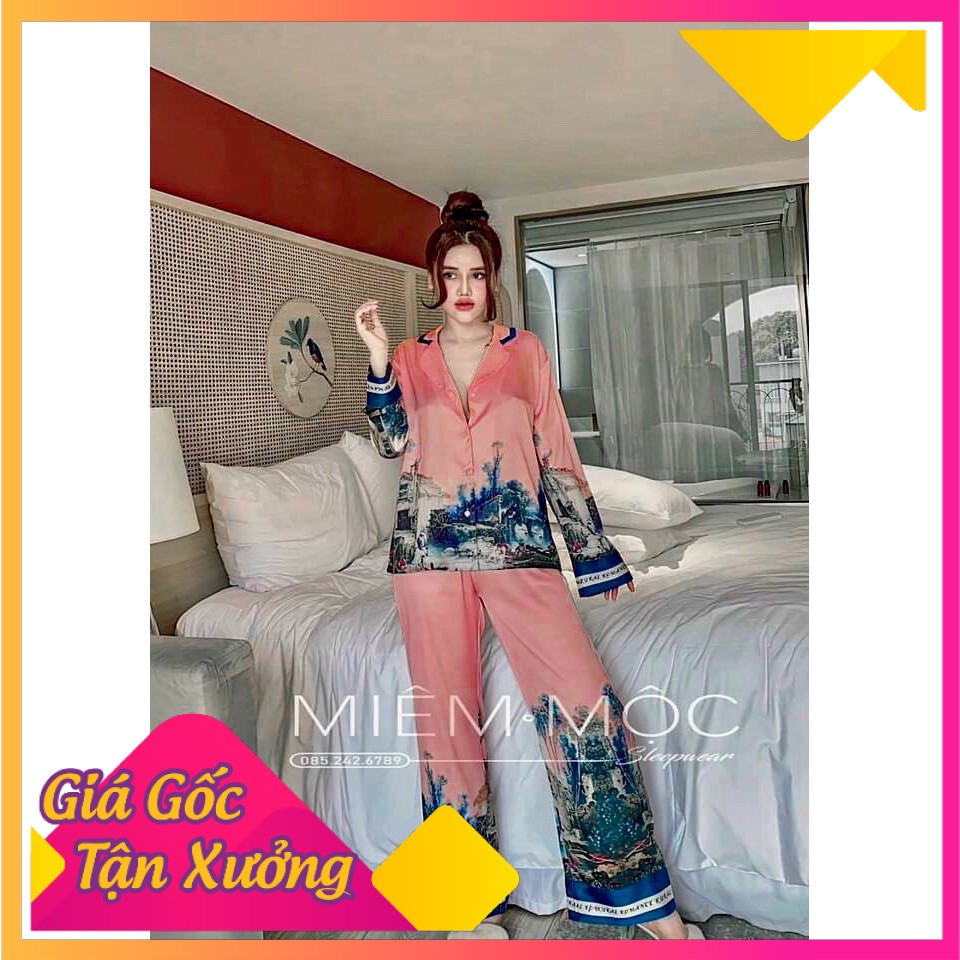 Bộ đồ ngủ mặc nhà LyLy dài tay lụa satin kiểu pijama hoạt tiết sang trọng L373 | BigBuy360 - bigbuy360.vn