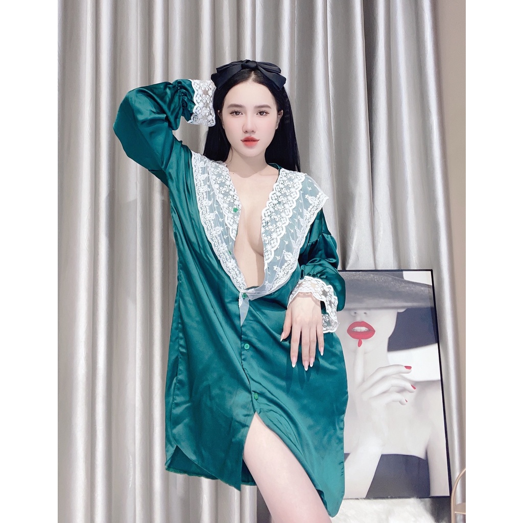 Váy ngủ lụa dài tay mặc nhà dễ thương Hoàng Tình Store đầm ngủ tiểu thư phối ren cổ chữ V Freesize