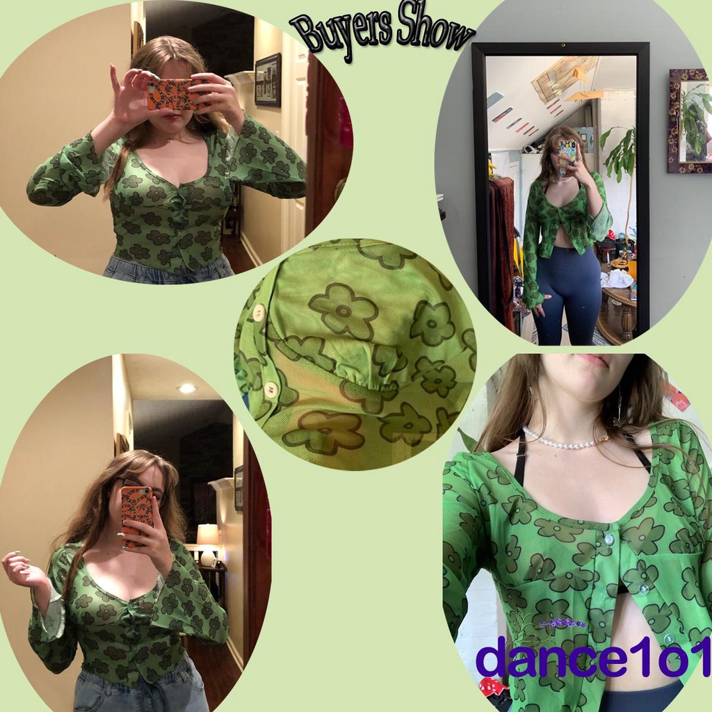 Áo Croptop Tay Loe Dài In Hoa Thời Trang Cho Nữ