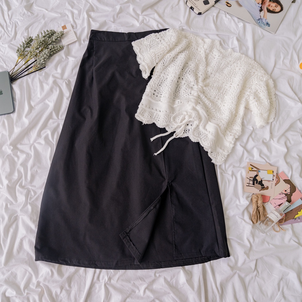 LEEVA - Áo croptop len dây rút ngắn tay mùa hè nhẹ nhàng A234