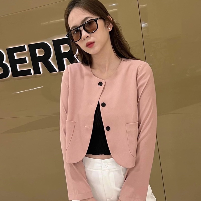 Áo khoác blazer nữ 1 lớp dáng ngắn tay dài cổ tròn hàng thiết kế Huien Design công sở, áo vest nữ blazer Hàn Quốc