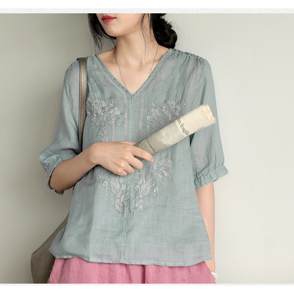 Áo linen thêu mẫu thiết kế màu nhã
