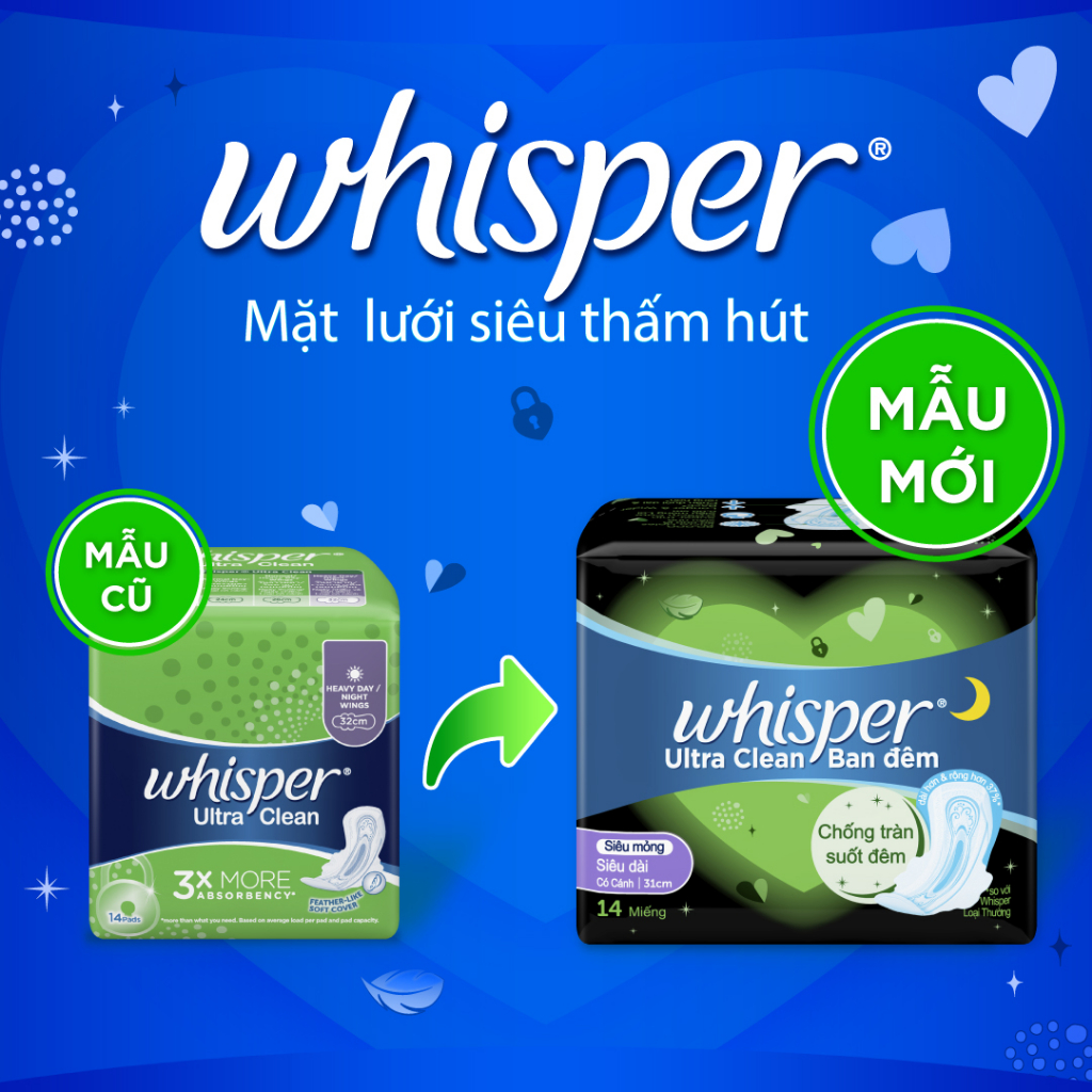 Combo 2 Gói Băng Vệ Sinh WHISPER Siêu Mỏng Có Cánh 31CM Dành Cho Ban Đêm