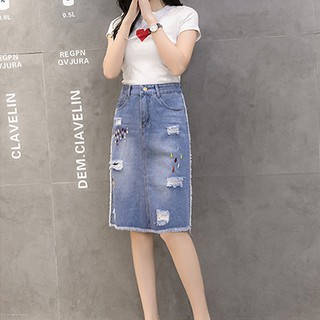 Chân Váy Bò Dáng Chữ A Dài Ngang Họa Tiết Có Vết Mài Và Thêu Hình Giọt Nước Nhiều Size Lựa Chọn