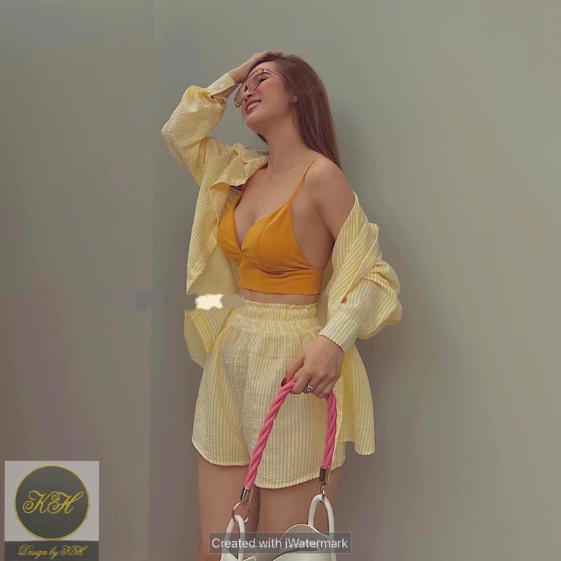 Set 3 món kẻ thụng (bra + sơ mi + quần đùi) - HÀNG CAO CẤP - JA5C