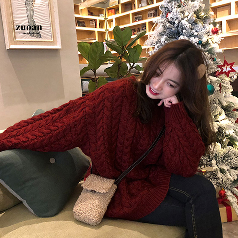 SUXI Áo len màu trơn dáng rộng cổ tròn thời trang phong cách retro dành cho nữ