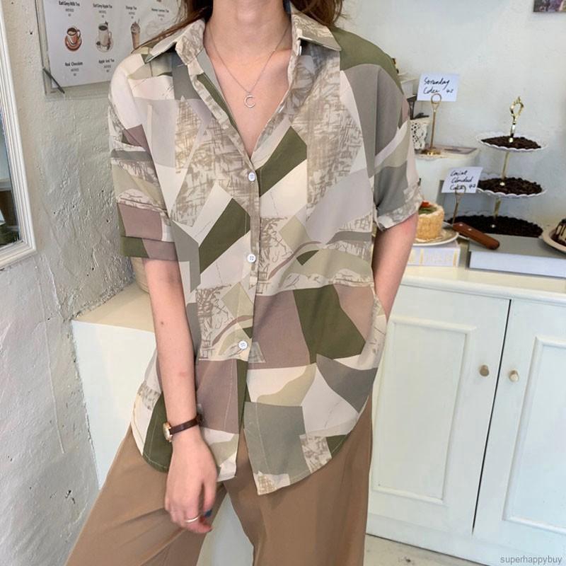 Women's Retro Shirts Printed Short Sleeve Loose Casual Shirts Tops