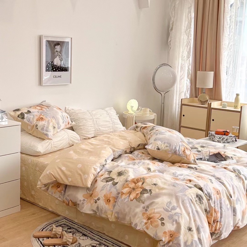 Bộ Chăn Ga Gối ❤️ cotton living 100% đủ size đệm hoa nhí Hàn Quốc miễn phí bo chun nhập khẩu Mượt Decor