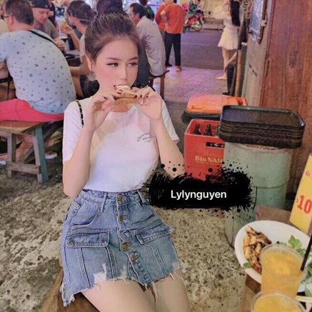 Chân váy jean chữ a nhiều khuy đẹp sang chảnh, quần giả váy