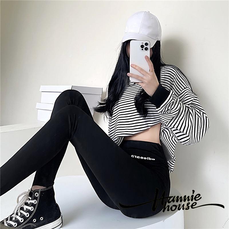 Quần legging lót nỉ giữ nhiệt in chữ lưng cao co giãn thời trang mùa đông cho nữ