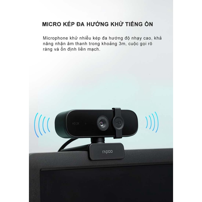 Camera máy tính Webcam Rapoo C280 độ phân giải 2K, micro khử tiếng ồn, có nắp bảo vệ-CHÍNH HÃNG 100%-BH 24 THÁNG ĐỔI MỚI