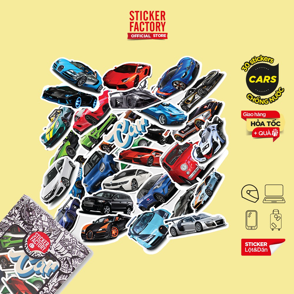 Hộp set 30 sticker decal hình dán nón bảo hiểm , laptop, xe máy, ô tô STICKER FACTORY - Car
