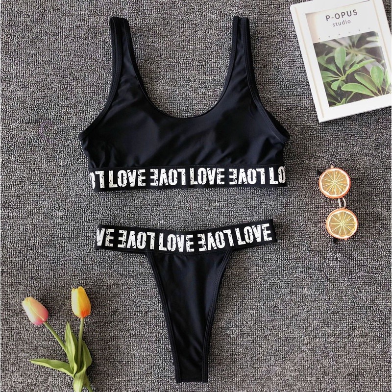 [BKN1064] &lt;ÂU&gt; SET BIKINI BASIC ĐEN CẠP CHỮ LOVE