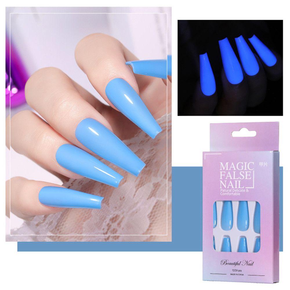 Set 24 Móng Tay Giả Dạ Quang Màu Trơn Thời Trang