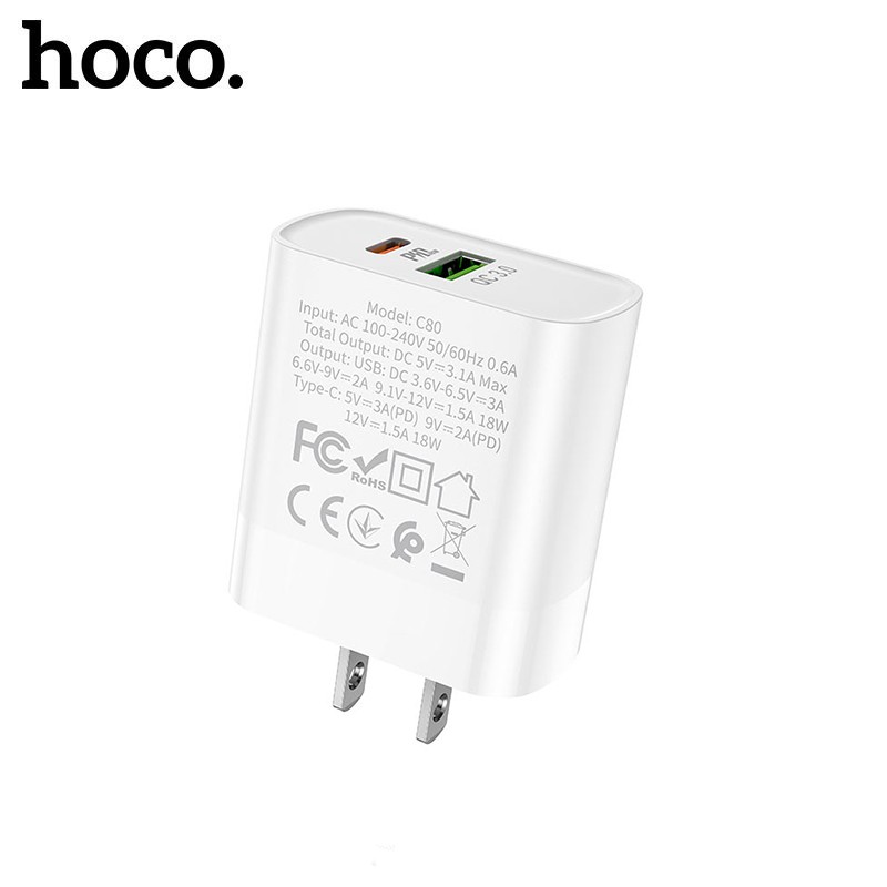 Củ sạc nhanh 3A/PD20W Hoco C80 chất liệu PC chống cháy cao cấp khả năng chịu nhiệt tốt trang bị 2 cổng Usb và Type-C