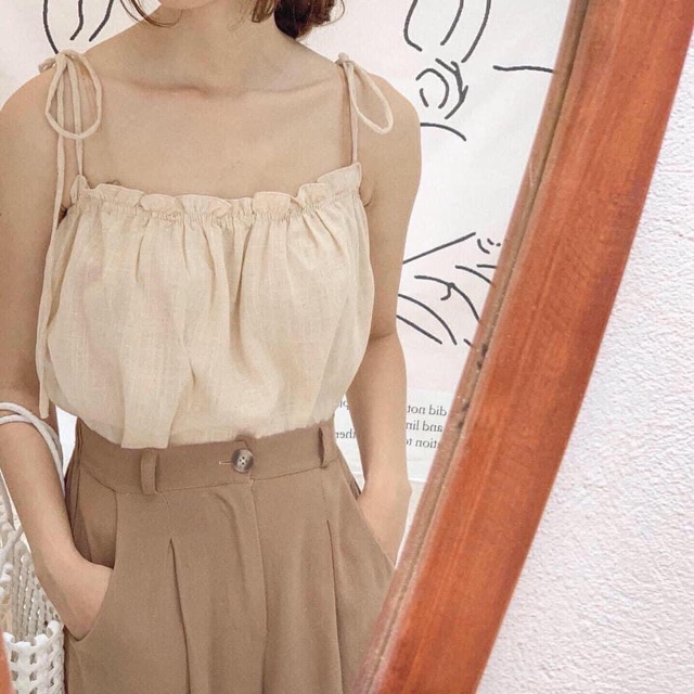 Áo hai dây bèo ngực chất đũi xước kiểu dáng vintage