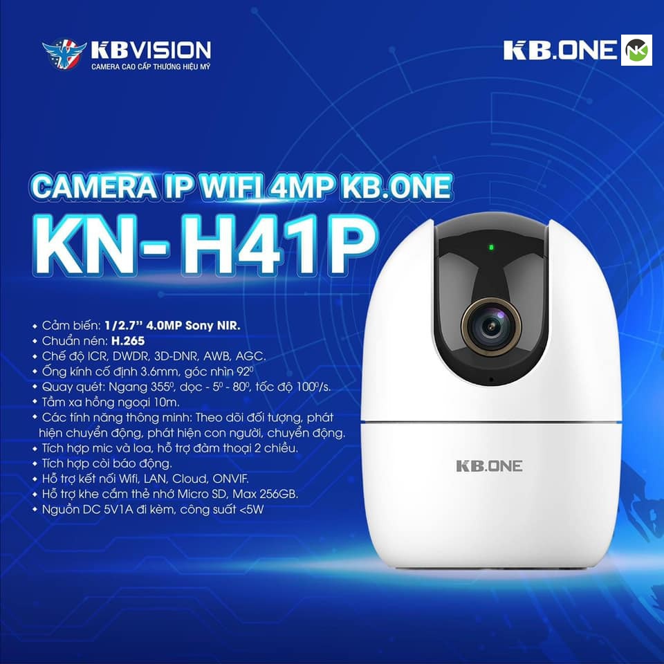 Camera IP Wifi KBONE KN - H41P 4.0MP Siêu Nét, Xoay 360, Âm Thanh 2 Chiều, Tích Hợp Còi Báo Động