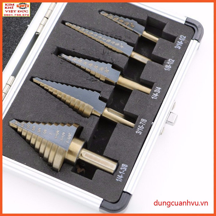 Mũi khoan bước công nghê hệ inch thép HSS cô ban hộp nhôm Bộ 5