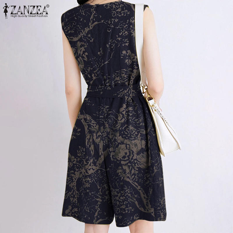 Áo liền quần ZANZEA sát nách dáng rộng có túi in họa tiết phong cách vintage thời trang dành cho nữ