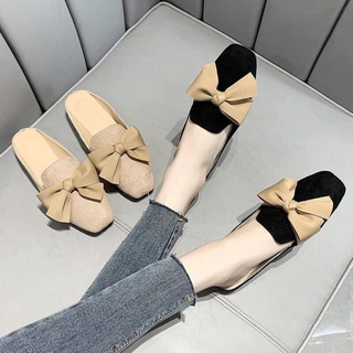 Dép sục nữ da lộn đính nơ lụa xinh xắn